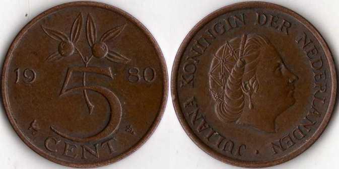 Нидерланды. 5 центов 1980 года.