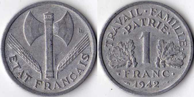 Франция. 1 франк 1942 года. Правительство Виши.