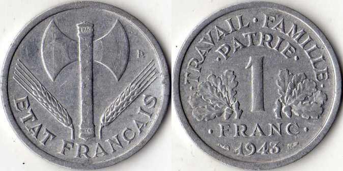 Франция. 1 франк 1943 года. Правительство Виши.