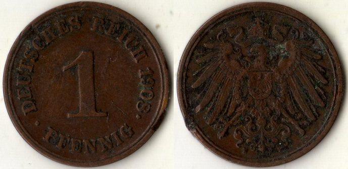 Германия. 1 пфениг 1908 года. "F".