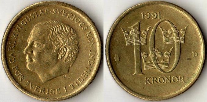 Швеция. 10 крон 1991 года.