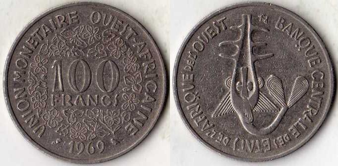 Западно - Африканские территории. 100 франков 1969 года.
