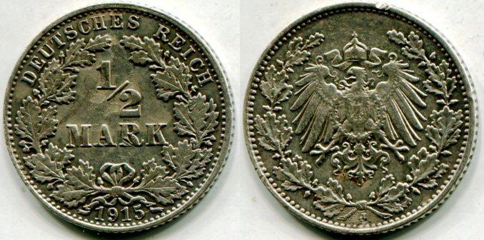 Германия. 1/2 марки 1915 года. "J".