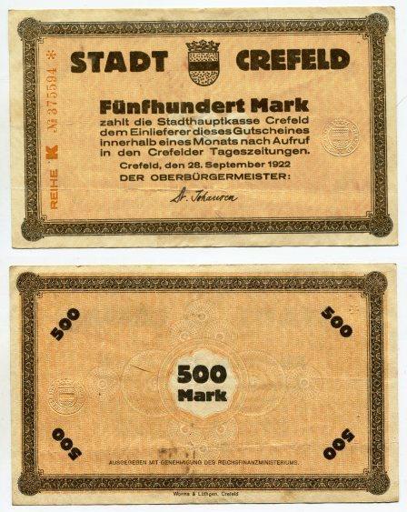 500 марок 1922 года. город Грифельд.