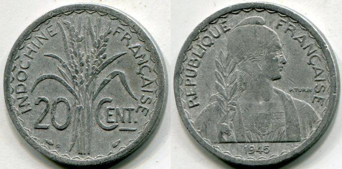 Французский Индокитай. 20 центов 1945 года.
