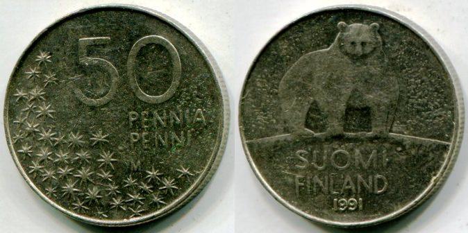 Финляндия. 50 пенни 1991 года.