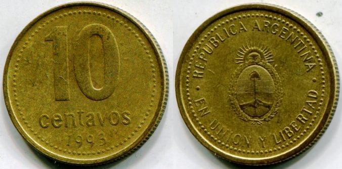 Аргентина. 10 сентаво 1993 года.