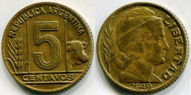 Аргентина. 5 сентаво 1949 года.