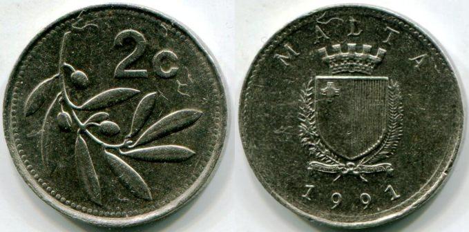 Мальта. 2 цента 1991 года.