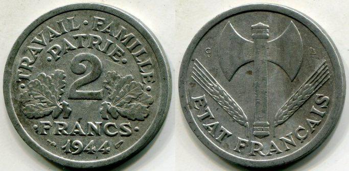 Франция. 2 франка 1944 года. Правительство Виши.
