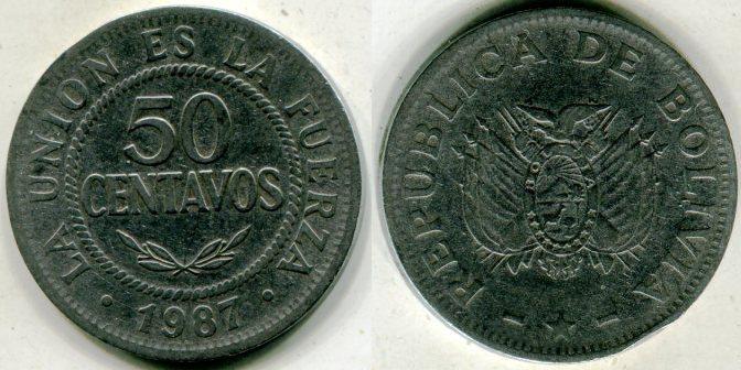 Боливия. 50 сентаво 1987 года.