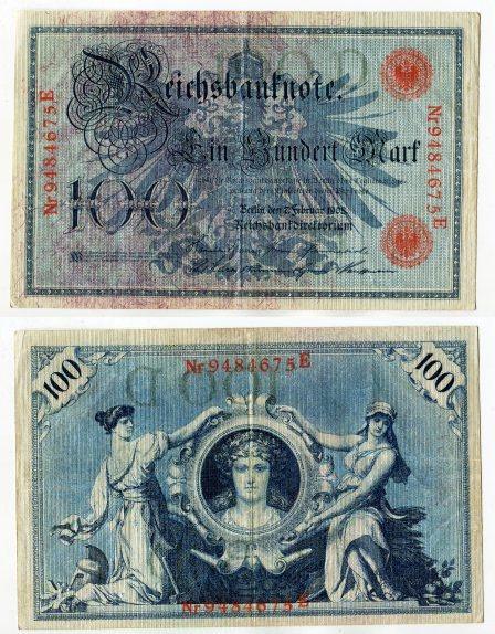100 марок 1908 года. малоформатная. красный нумератор.