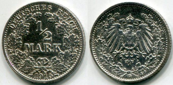 Германия. 1/2 марки 1915 года. "G".