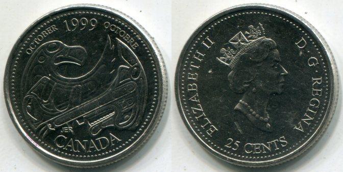 Канада. 25 центов 1999 года.  Октябрь.
