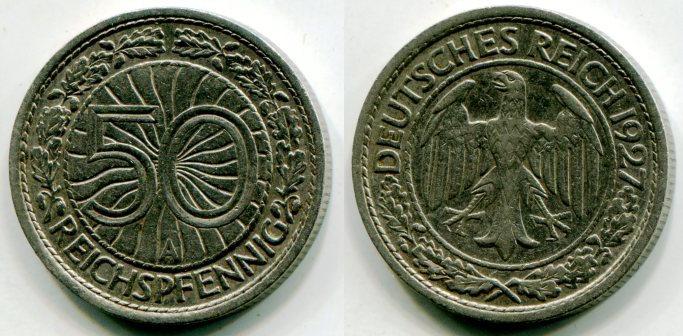 Германия. 50 рейхспфеннигов 1927 года. "А".