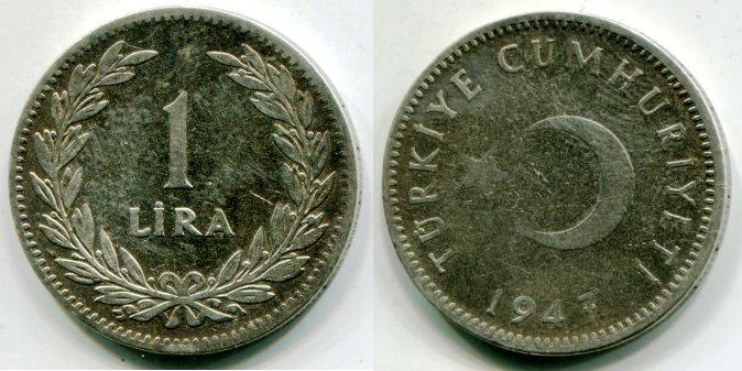 Турция. 1 лира 1947 года. серебро.