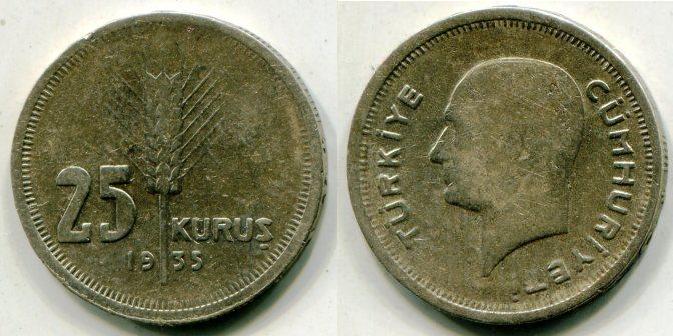 Турция. 25 куруш 1935 года. серебро.