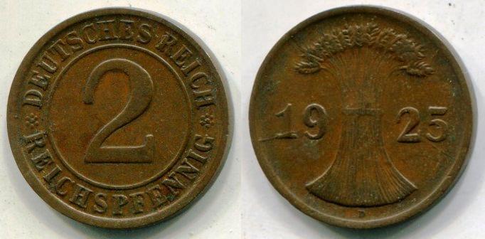 Германия. 2 рейхспфенига 1925 года. "D".