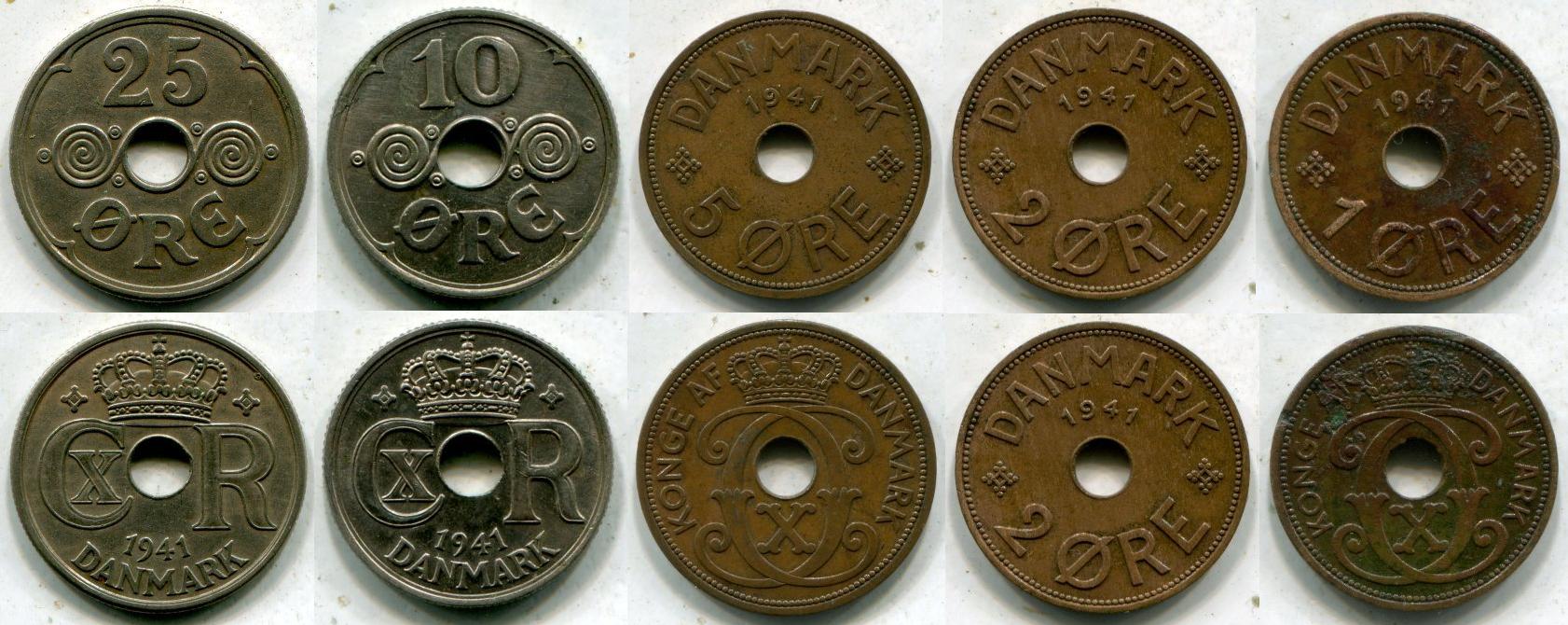 Фарерские острова. 1, 2, 5, 10 и 25 эре 1941 года.