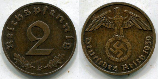 Германия. 2 пфеннига 1939 года. "В".