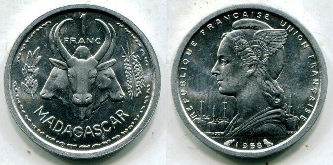 Французский Мадагаскар. 1 франк 1958 года.
