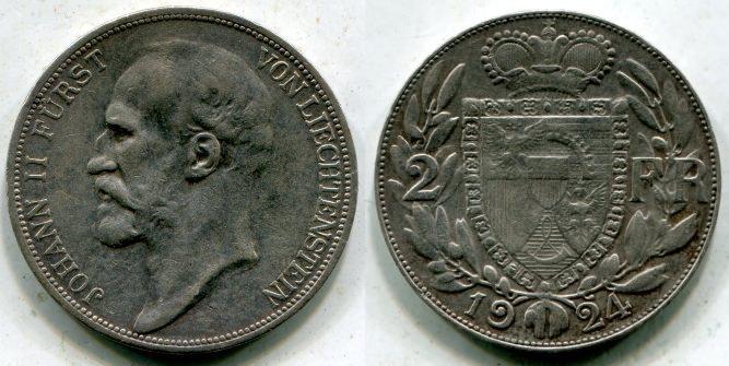 Лихтенштейн. 2 франка 1924 года.