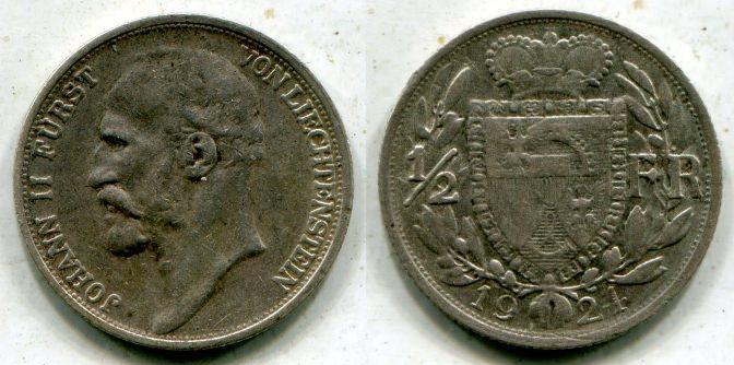 Лихтенштейн. 1/2 франка 1924 года.
