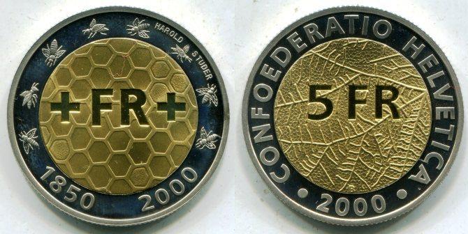 Швейцария. 5 франков 2000 года. 150 лет чеканки национальной монеты.