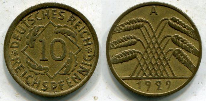 Германия. 10 рейхспфенигов 1929 года. "А".
