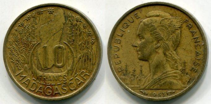Французский Мадагаскар. 10 франков 1953 года.