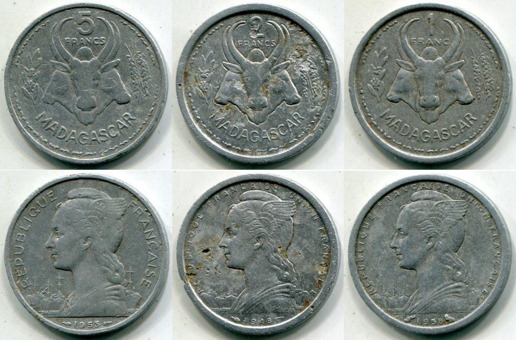 Французский Мадагаскар. 5, 2 и 1 франк. Набор монет.