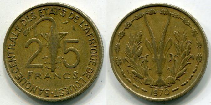 Центральная Африка. 25 франков 1970 года.